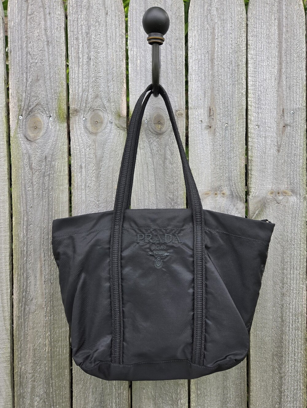 Vintage Prada Tessuto Nylon Tote Bag Shoulder Bag Black Embroidered Logo